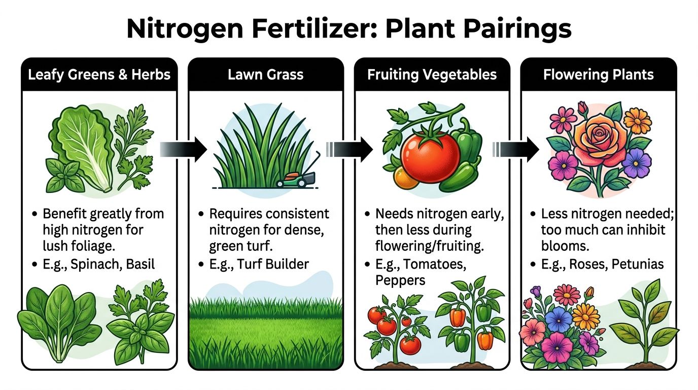 A visual guide showing how different plant types like greens, grass, vegetables, and flowers react to nitrogen fertilizer.