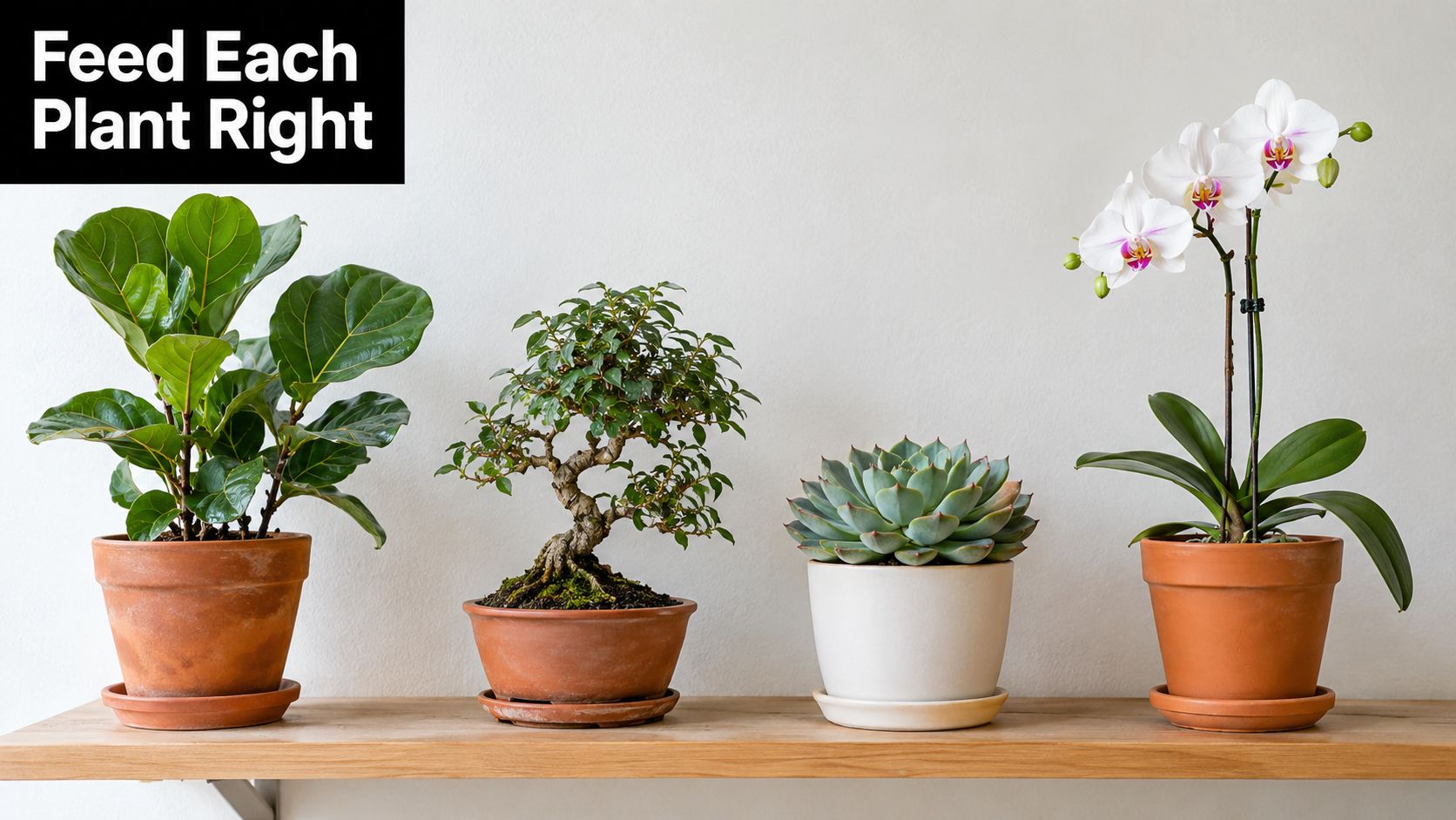 A row of four distinct potted plants sitting on a wooden shelf against a white wall background.