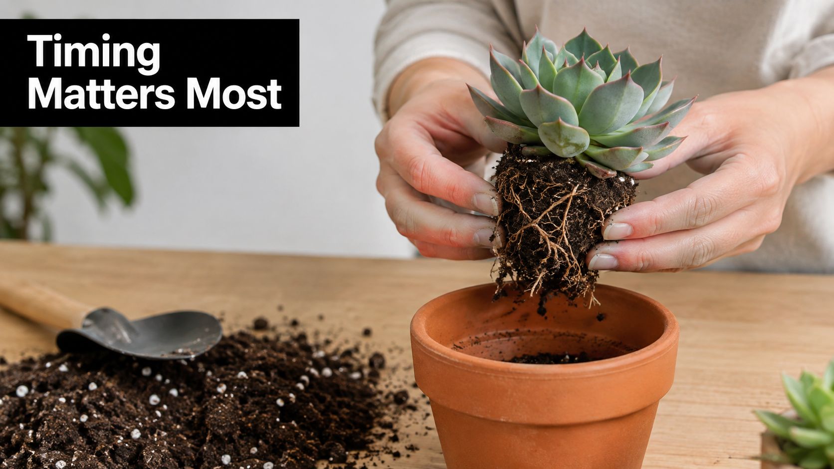 A person holding a succulent plant with visible roots above a terracotta pot during repotting.