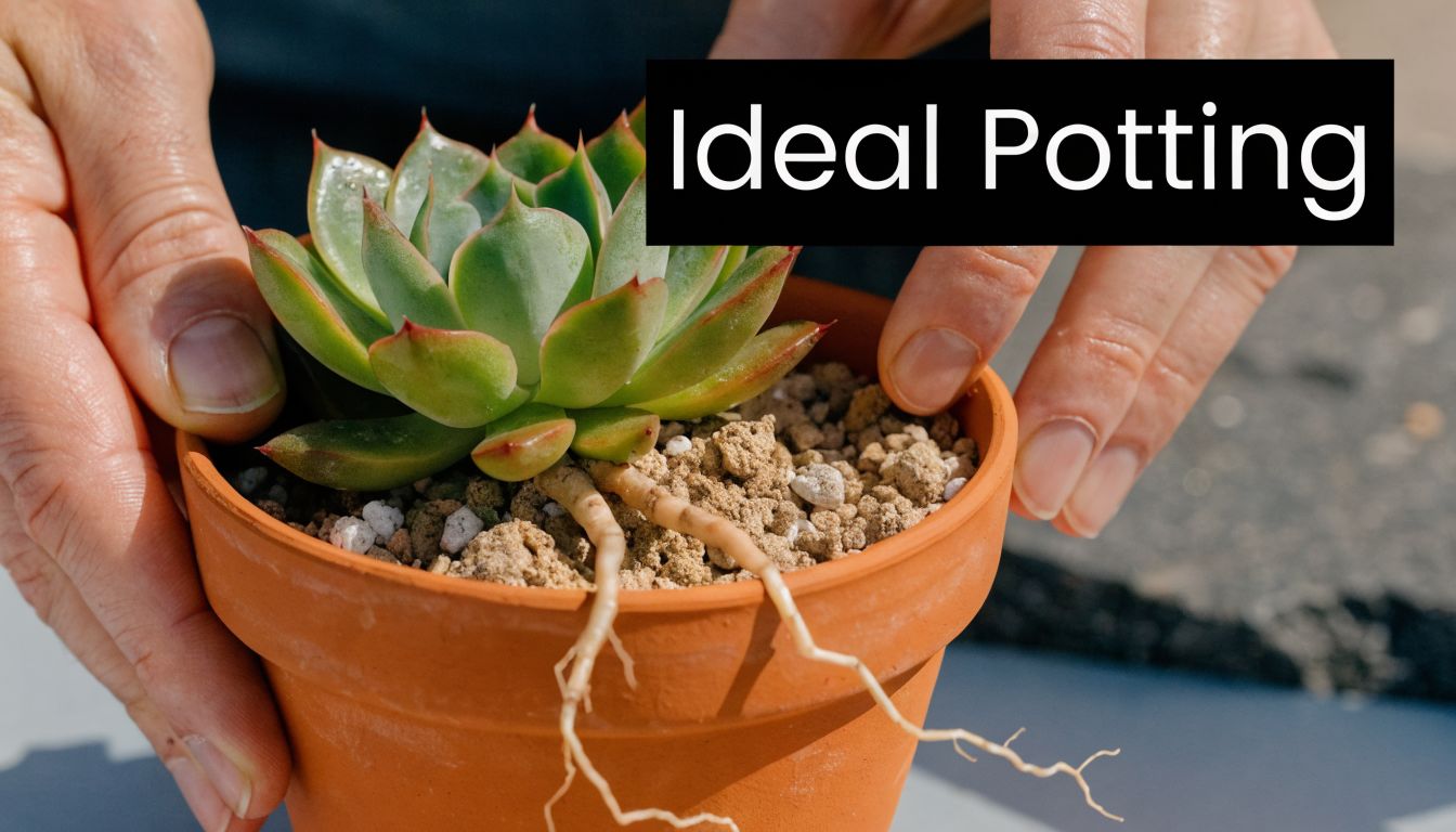 A close-up of hands holding a terracotta pot containing a healthy green succulent plant with exposed roots.