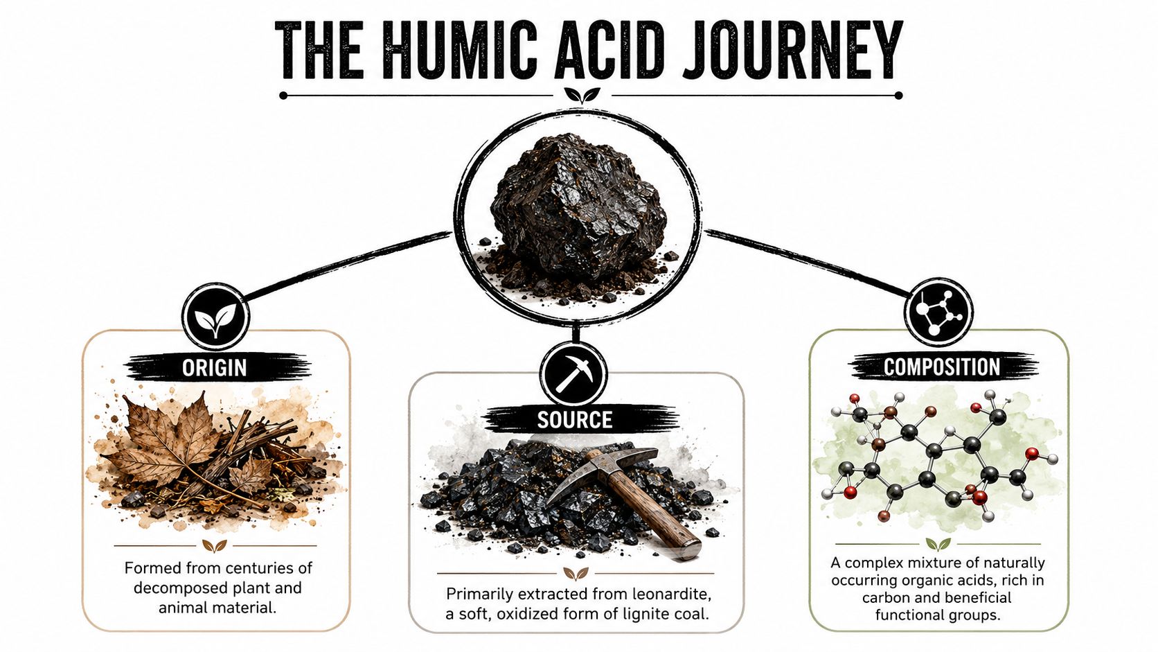 An infographic titled The Humic Acid Journey explaining its origin, leonardite source, and complex organic chemical composition.