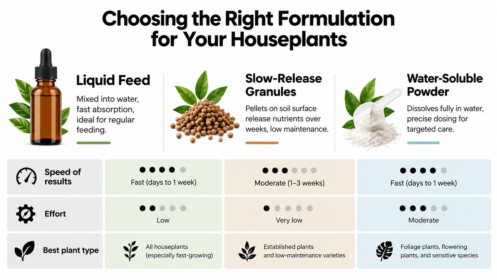 A comparison chart explaining the differences between liquid feed, slow-release granules, and water-soluble powder for houseplants.