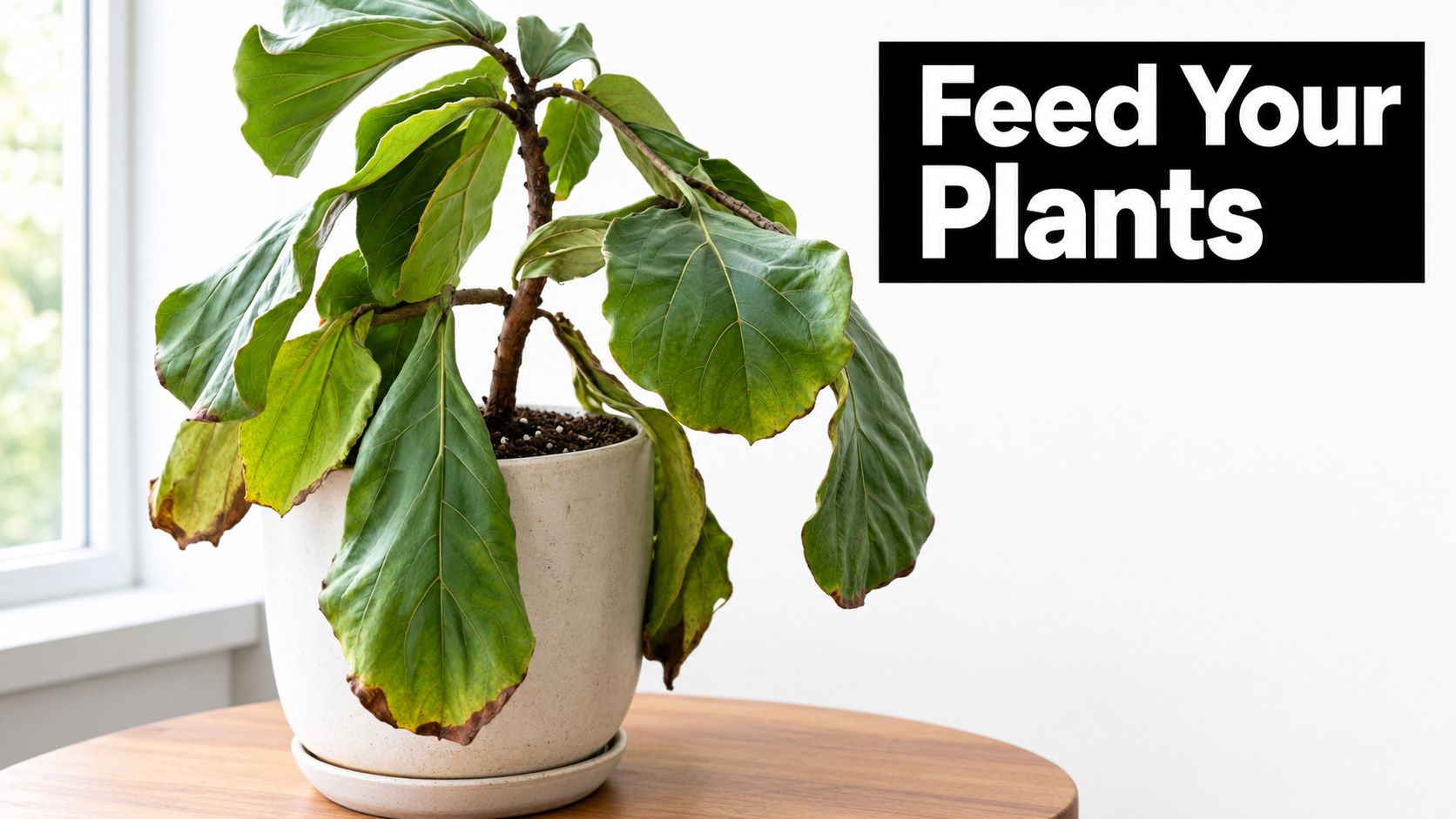 A wilted fiddle leaf fig plant in a white ceramic pot sitting on a wooden table.