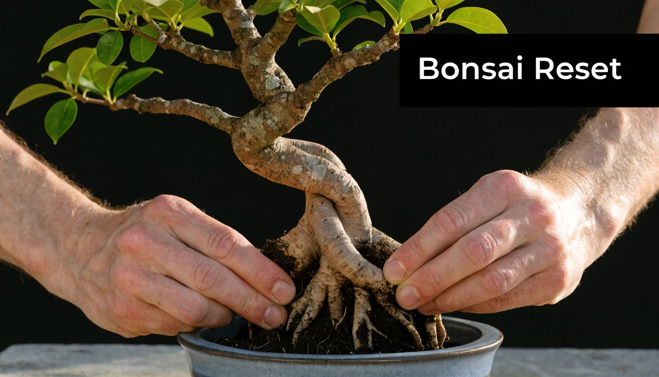 A close-up of a person's hands gently arranging soil around the roots of a small ficus bonsai.