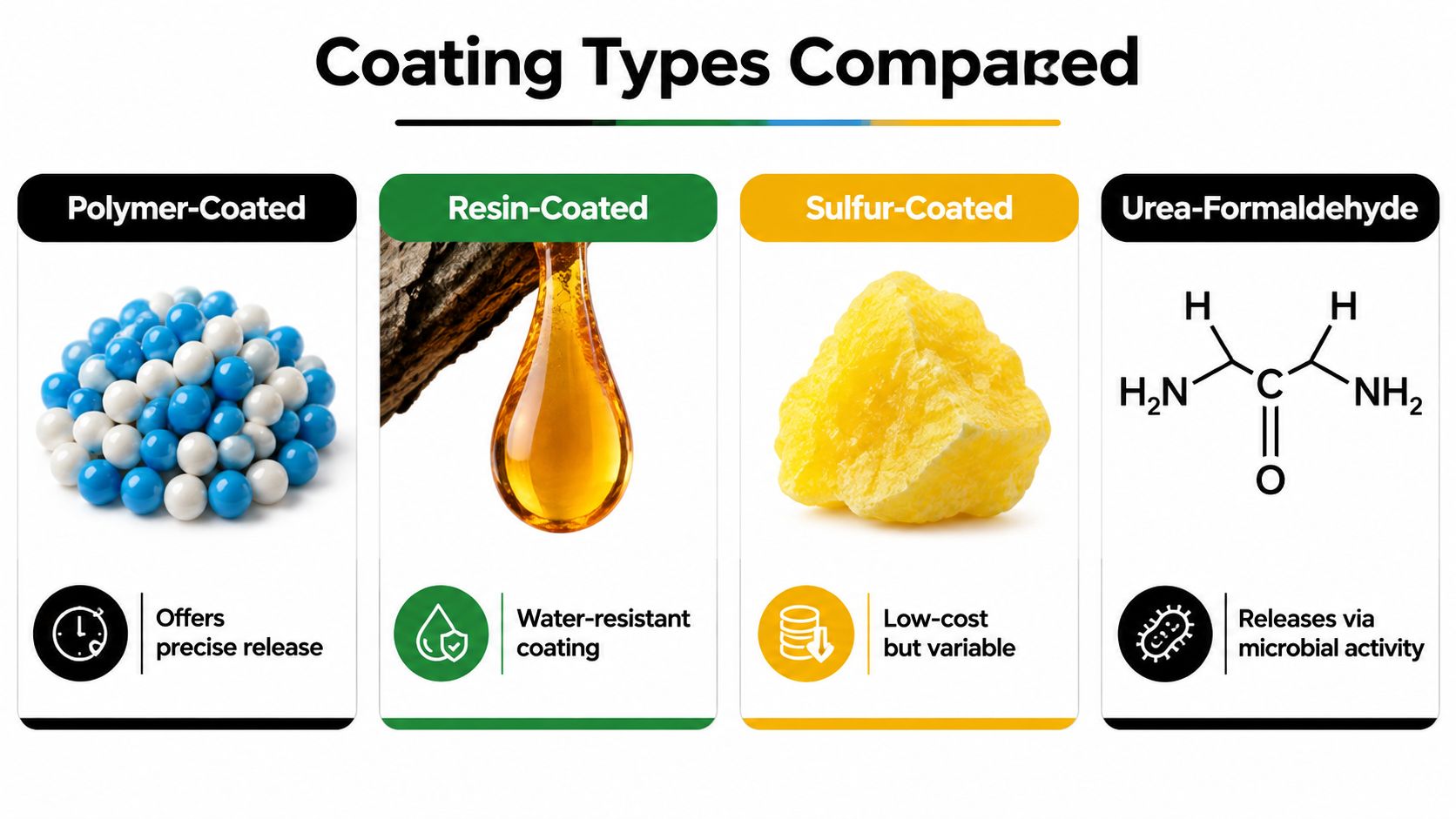 A comparison chart showing four different types of fertilizer coatings: polymer, resin, sulfur, and urea-formaldehyde.