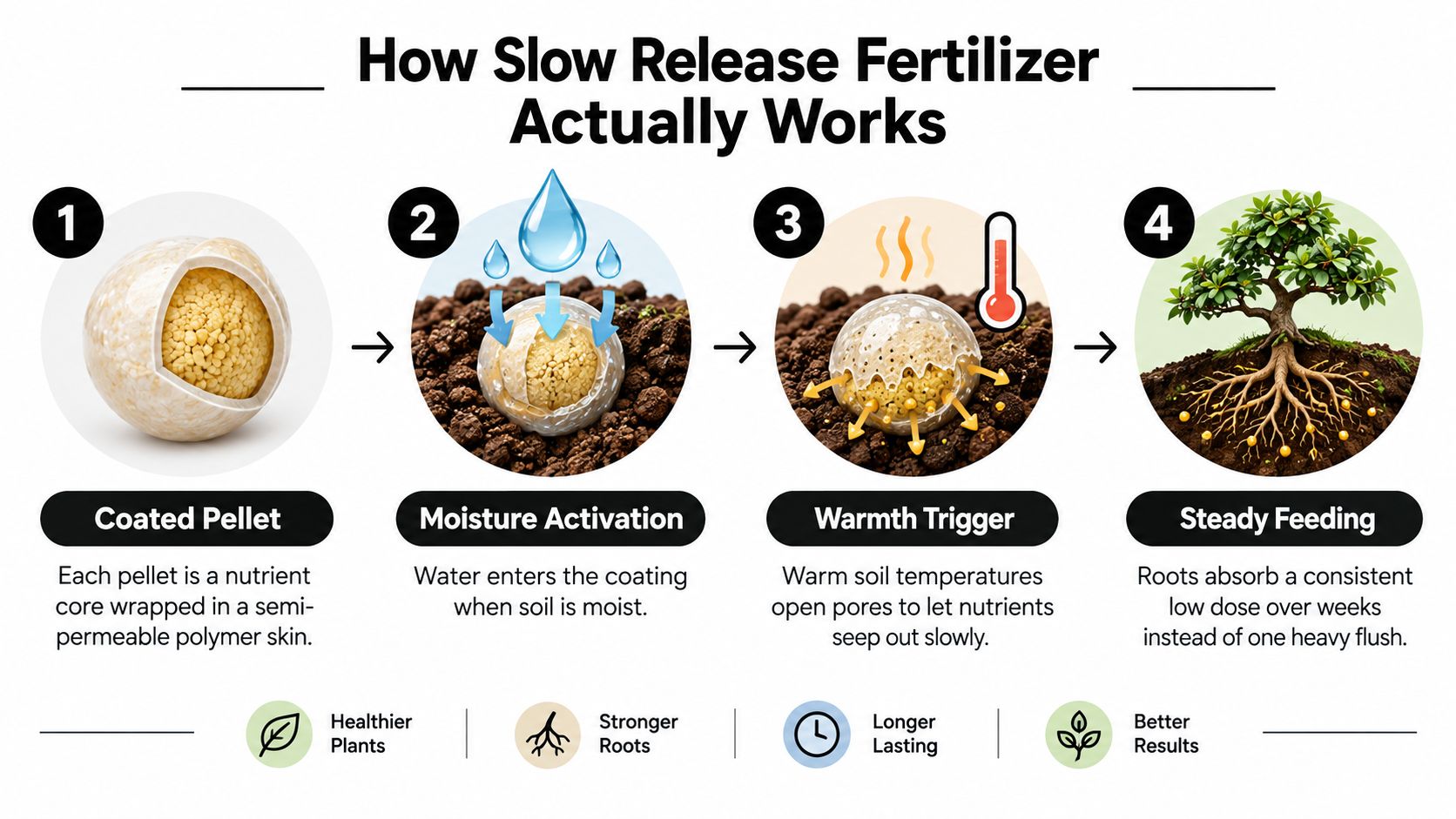 An infographic showing the four-step process of how slow release fertilizer pellets provide nutrients to plants.