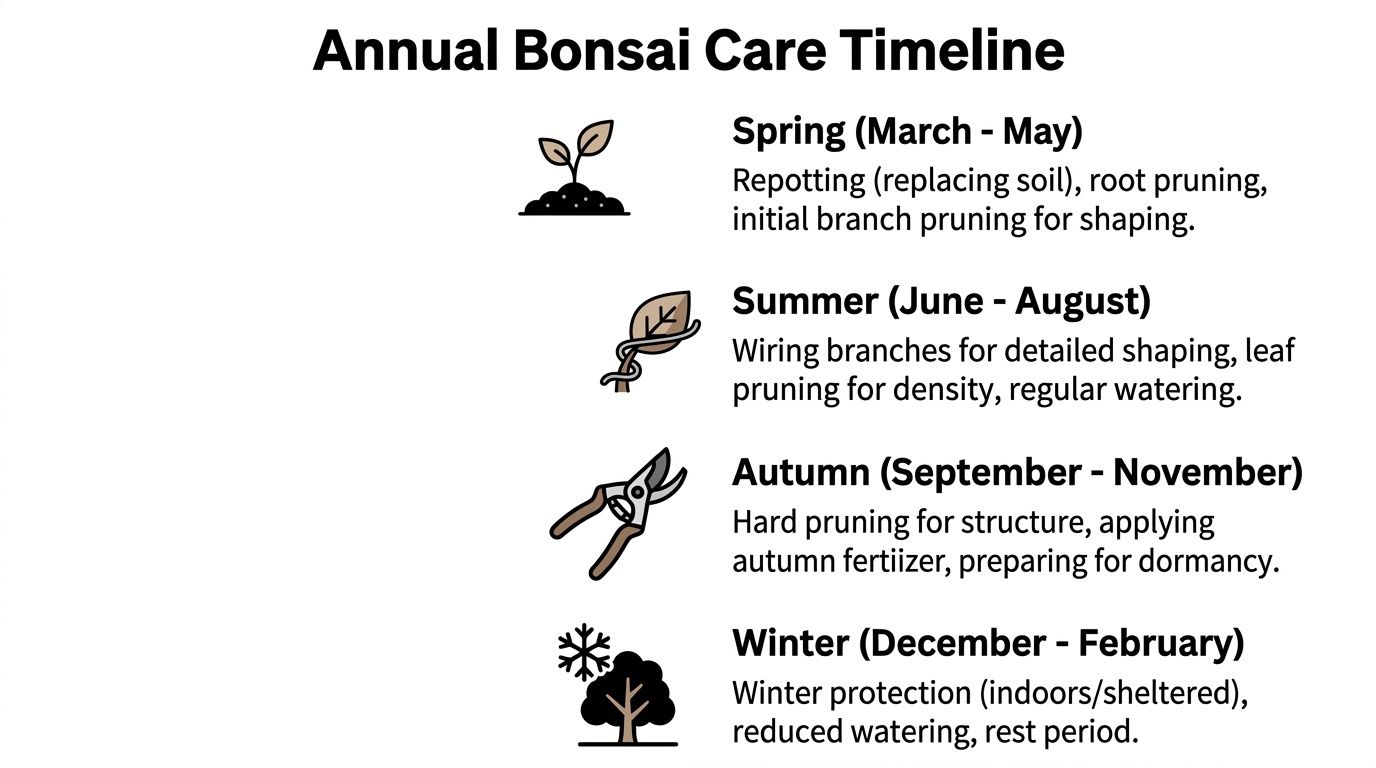 An infographic showing the annual bonsai care timeline with seasonal tasks for spring, summer, autumn, and winter.