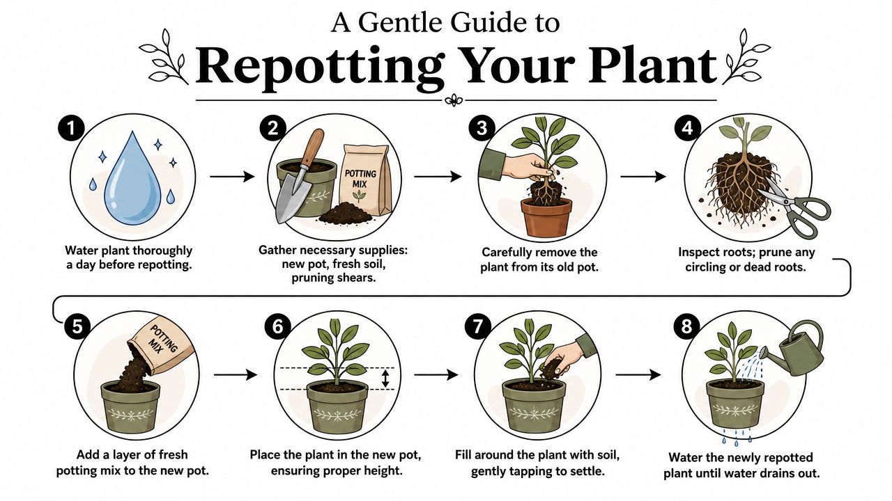 An 8-step infographic guide illustrating the process of repotting an indoor plant, from preparation to final watering.