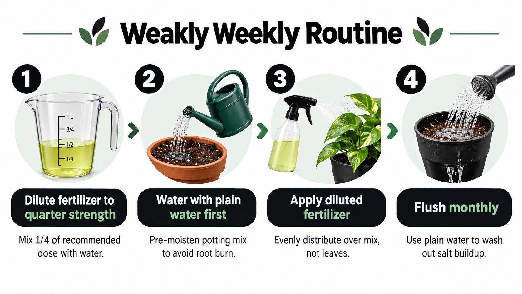 A four-step infographic illustrating a weekly fertilizing routine for house plants using a simple dilution method.