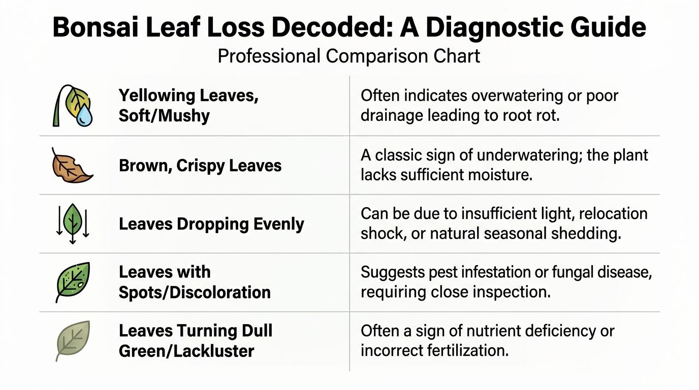 A diagnostic chart illustrating common causes of bonsai leaf loss, including overwatering, underwatering, and nutrient deficiencies.