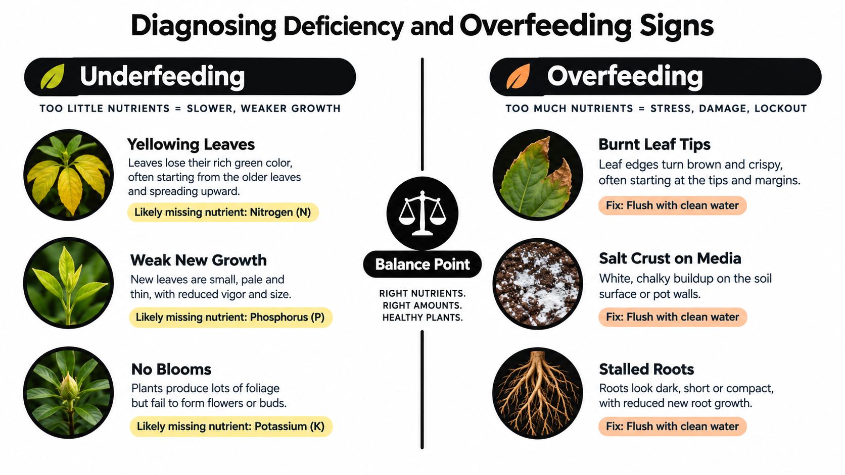 An infographic comparing signs of underfeeding versus overfeeding in plants to help diagnose nutrient imbalances.