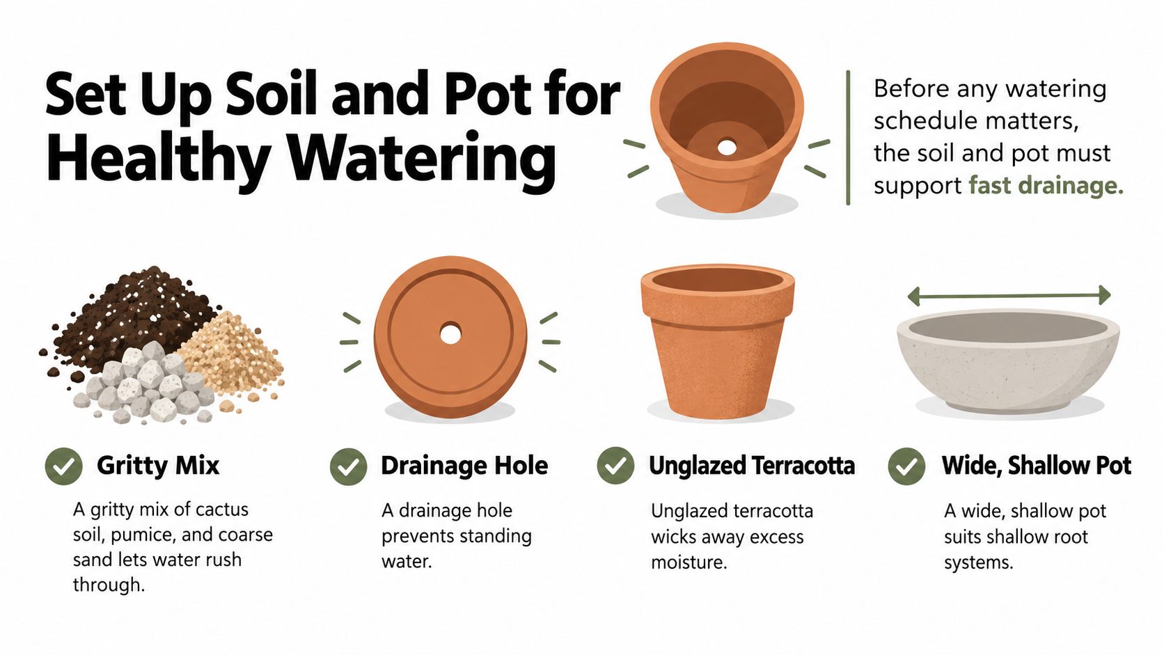 An infographic illustrating essential setup tips for potting succulents to ensure healthy growth through fast drainage.