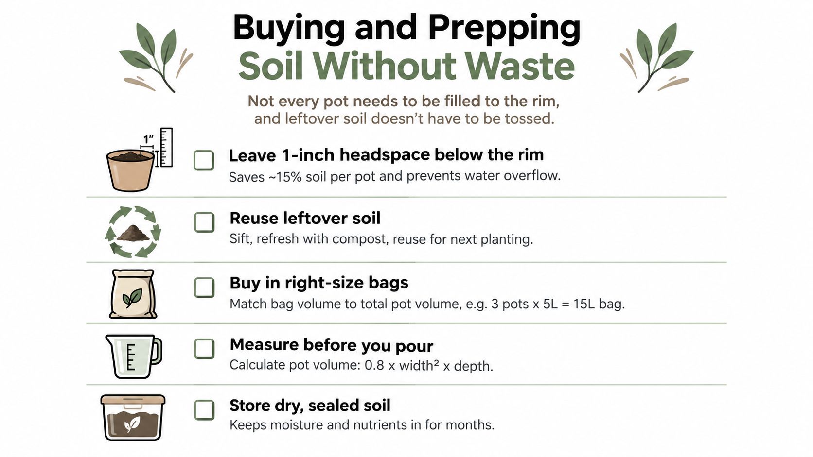 A helpful infographic outlining tips for buying and preparing potting soil without creating unnecessary waste.