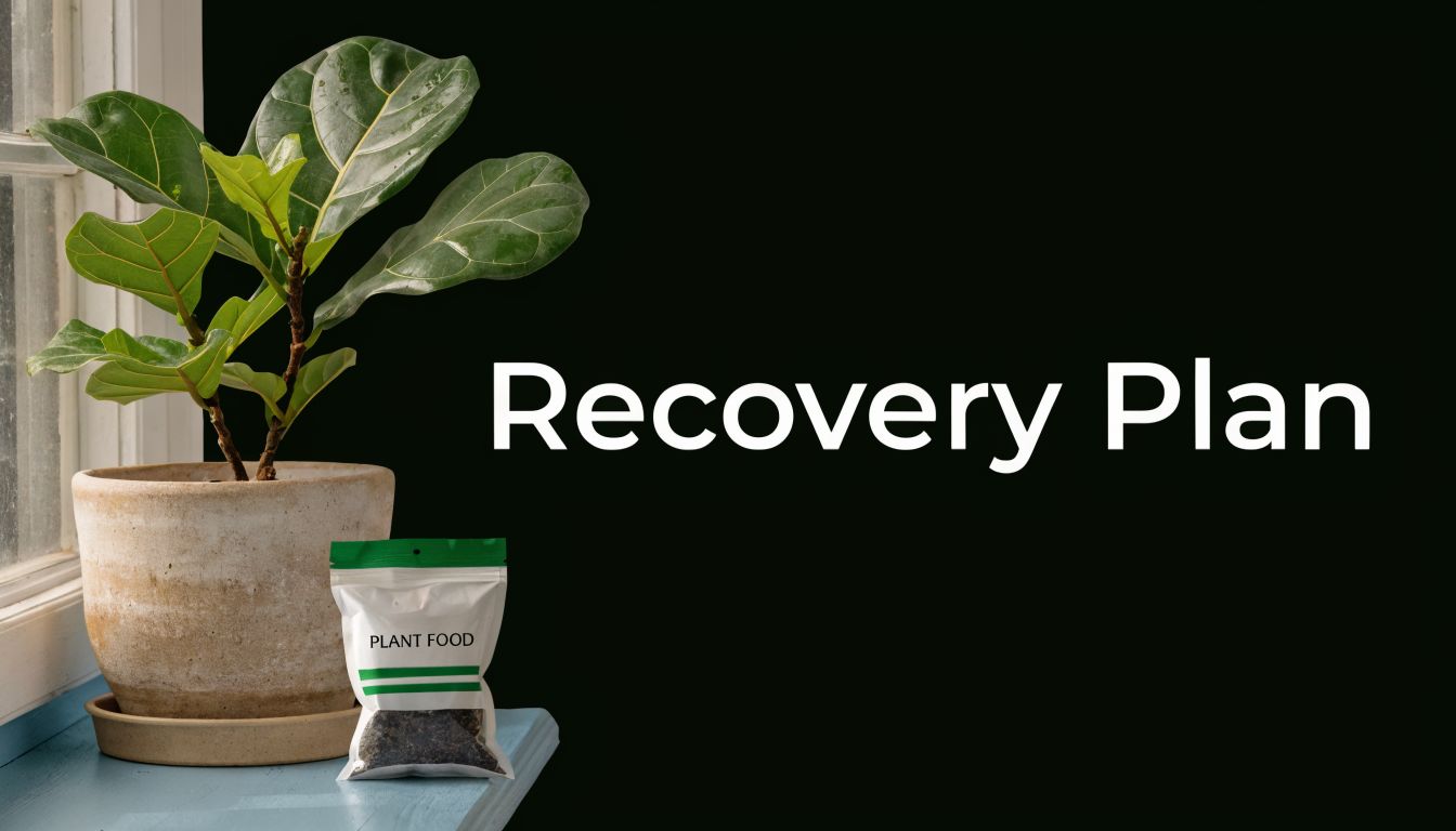 A healthy fiddle leaf fig plant in a pot sits next to a packet of plant food.