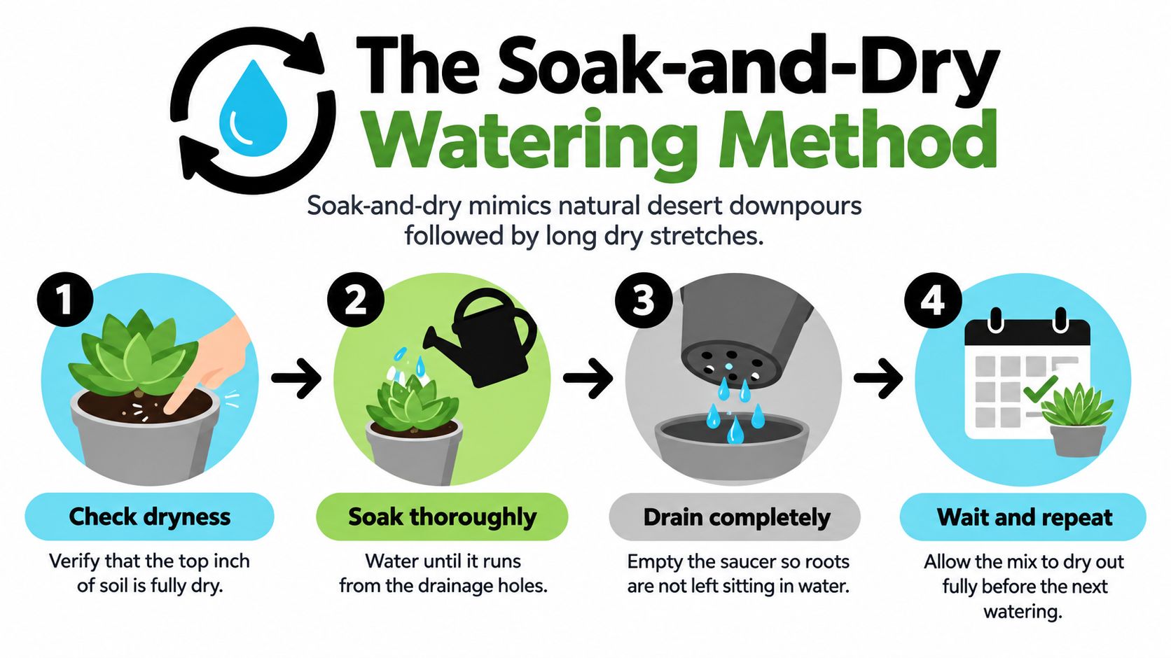 An infographic illustrating the four steps of the soak-and-dry watering method for succulent plant care.