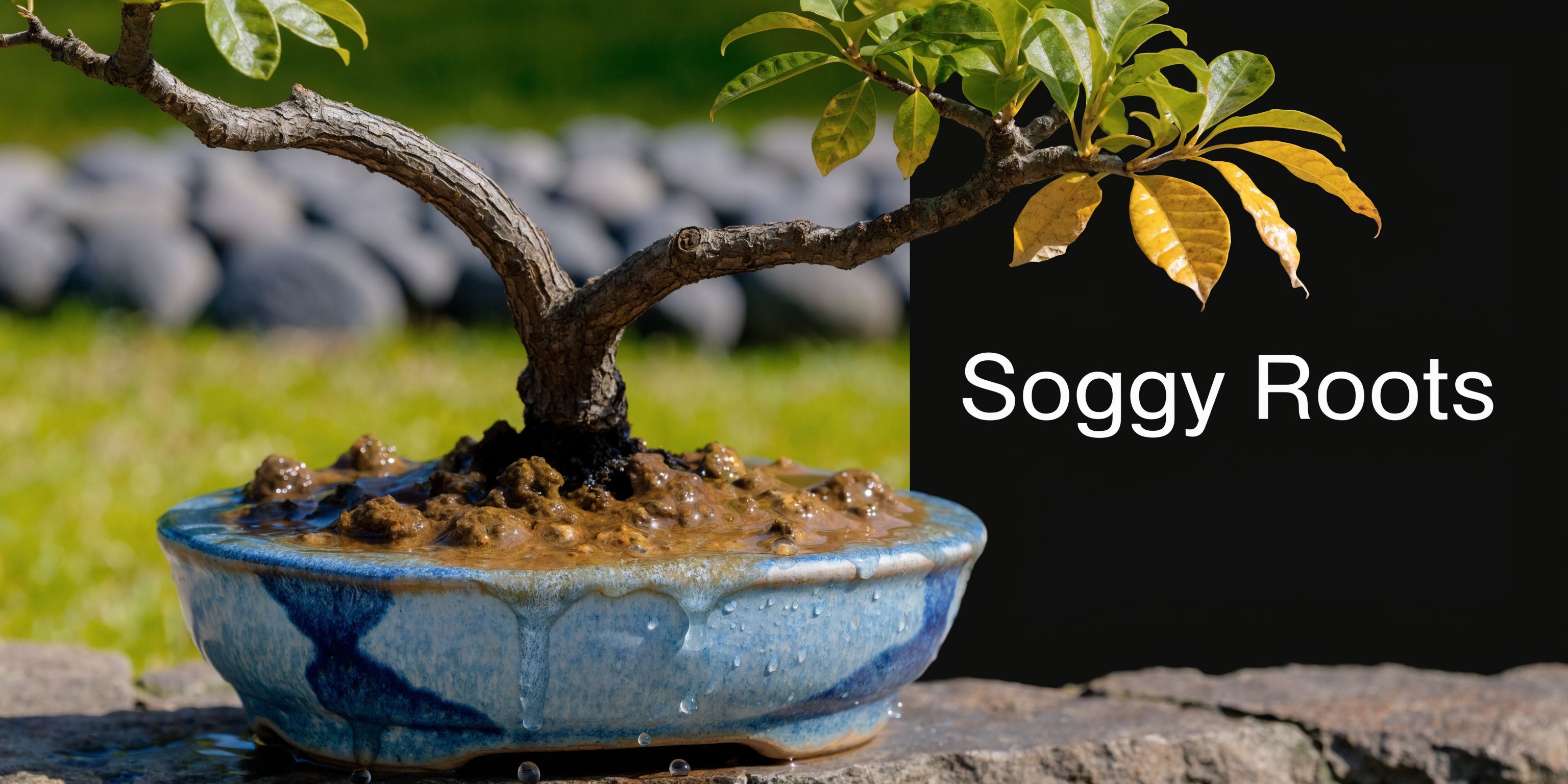 A bonsai tree in a ceramic pot with saturated soil, highlighting the risk of overwatering and root rot.