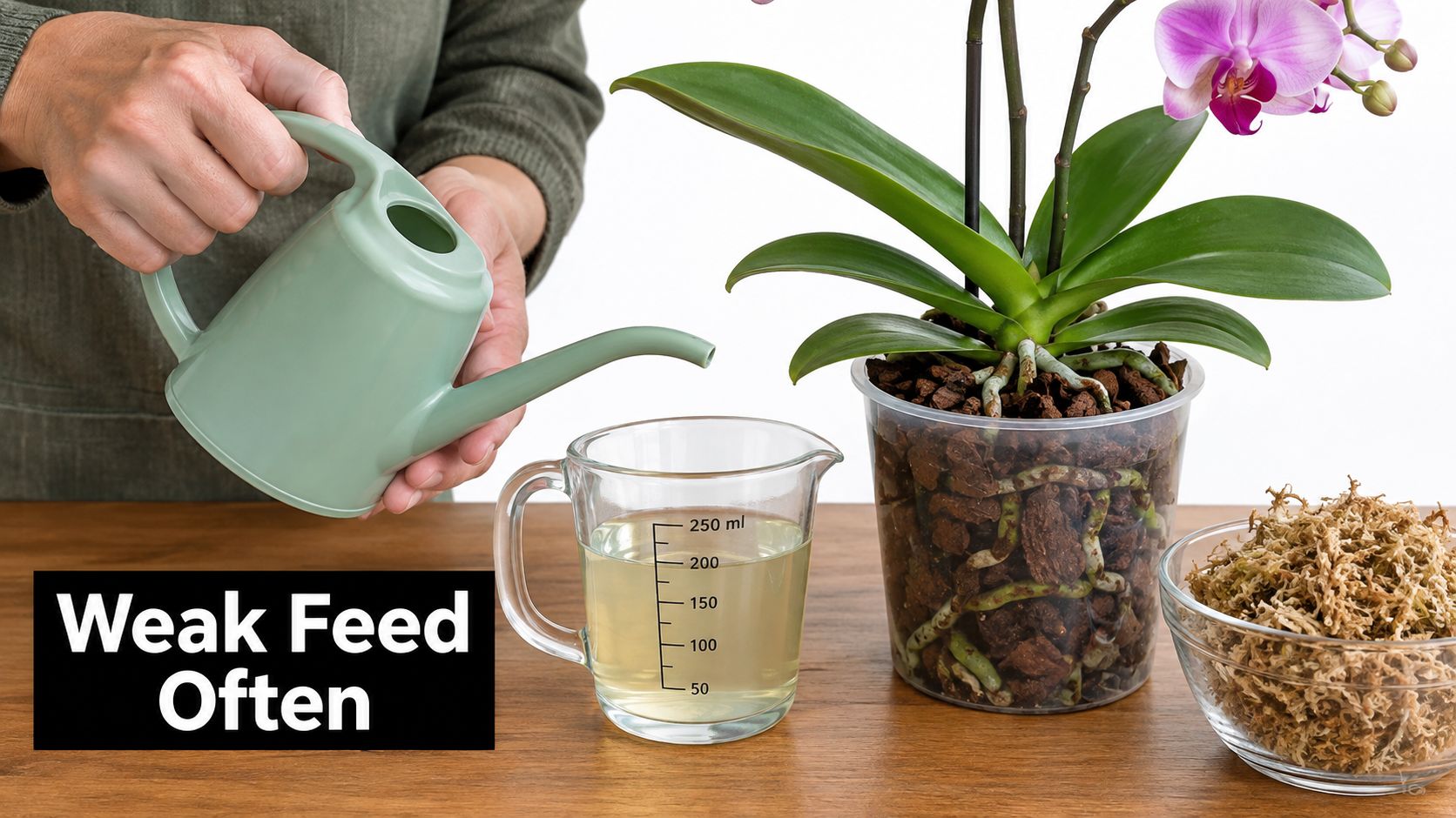 A person preparing a weak fertilizer mixture to water a healthy orchid potted in bark.