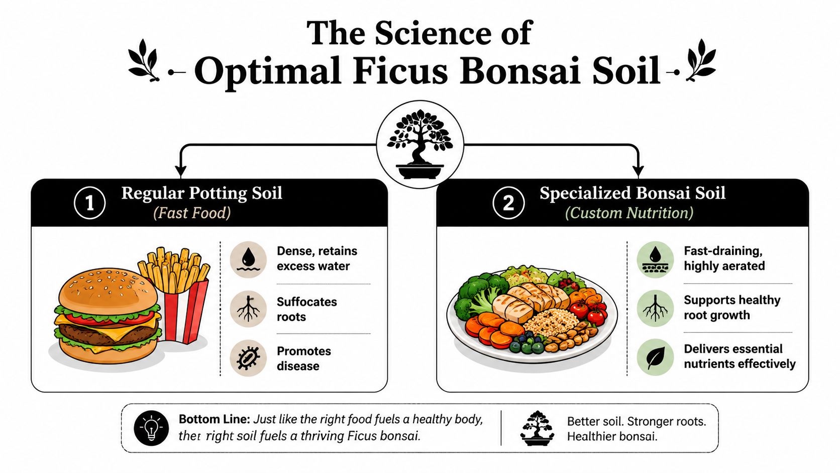 An infographic comparing regular potting soil and specialized bonsai soil for a healthy Ficus bonsai tree.