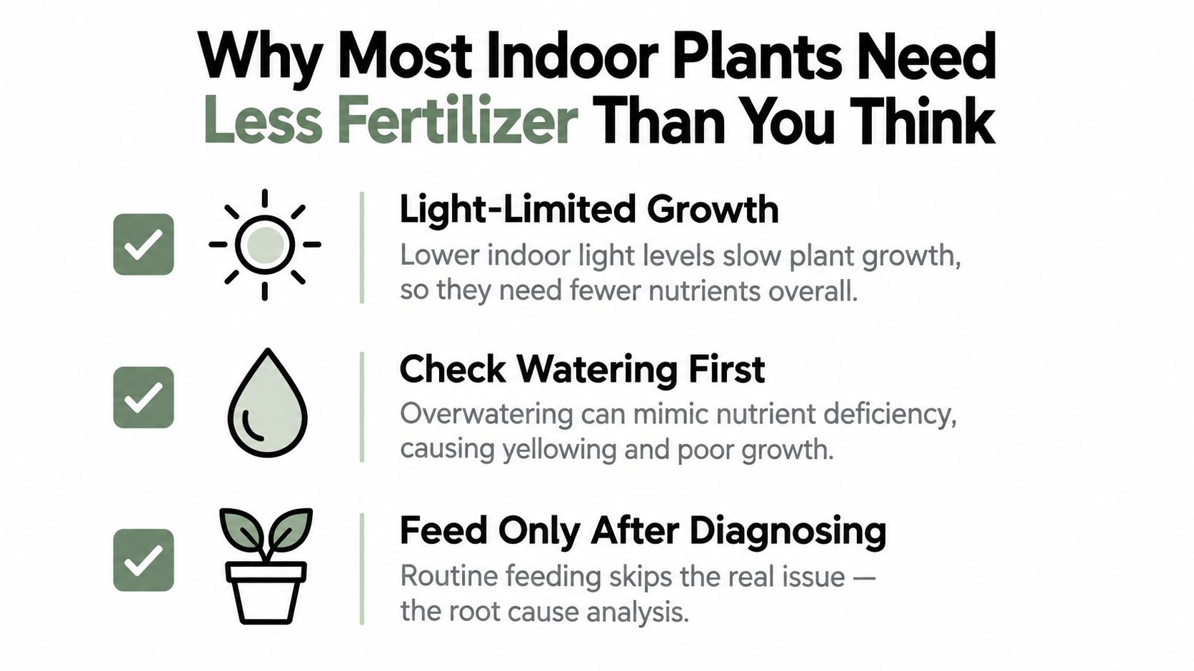 An infographic titled Why Most Indoor Plants Need Less Fertilizer Than You Think, listing three key reasons.