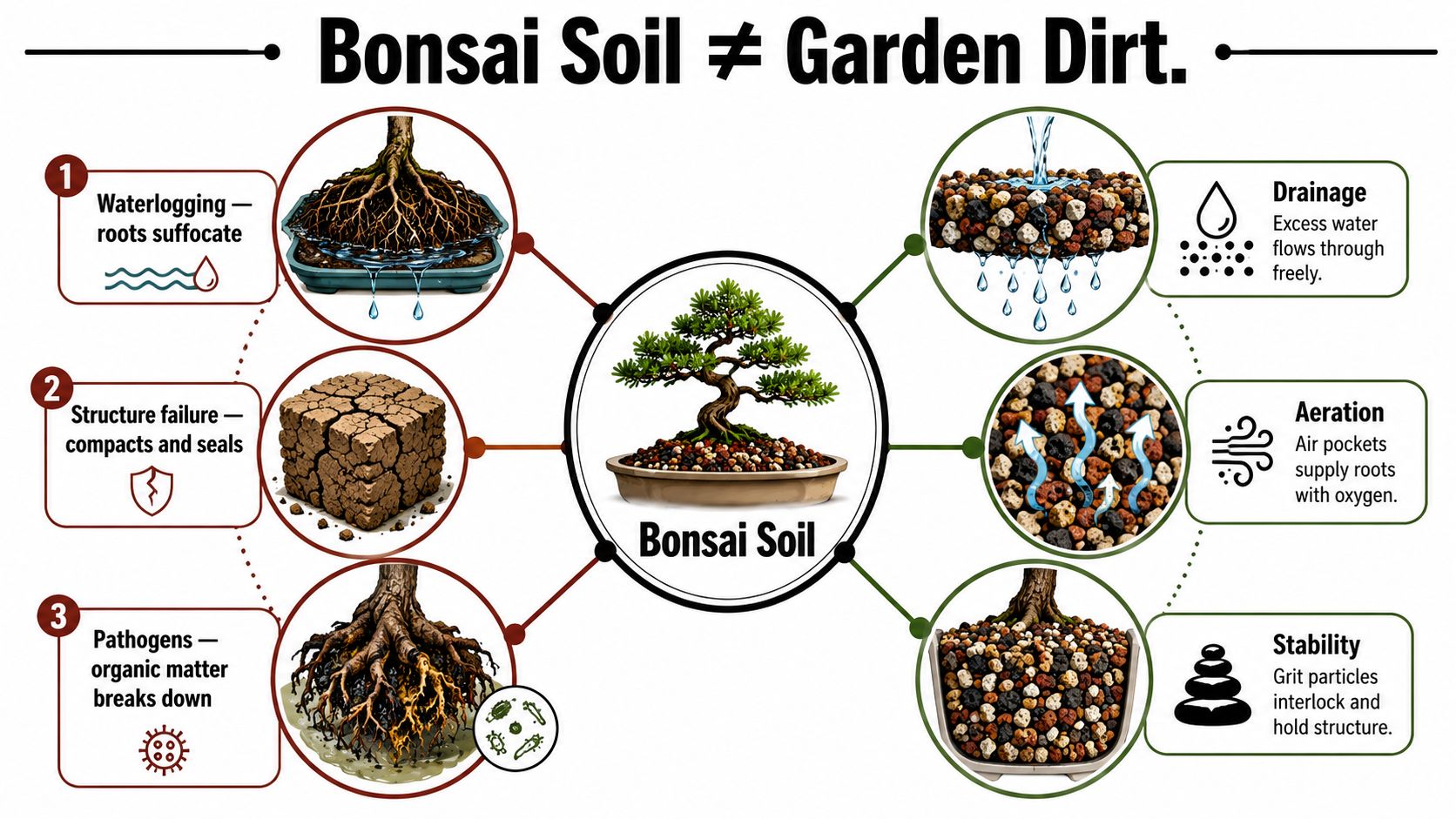An infographic comparing bonsai soil with garden dirt, showing benefits for drainage, aeration, and root health.