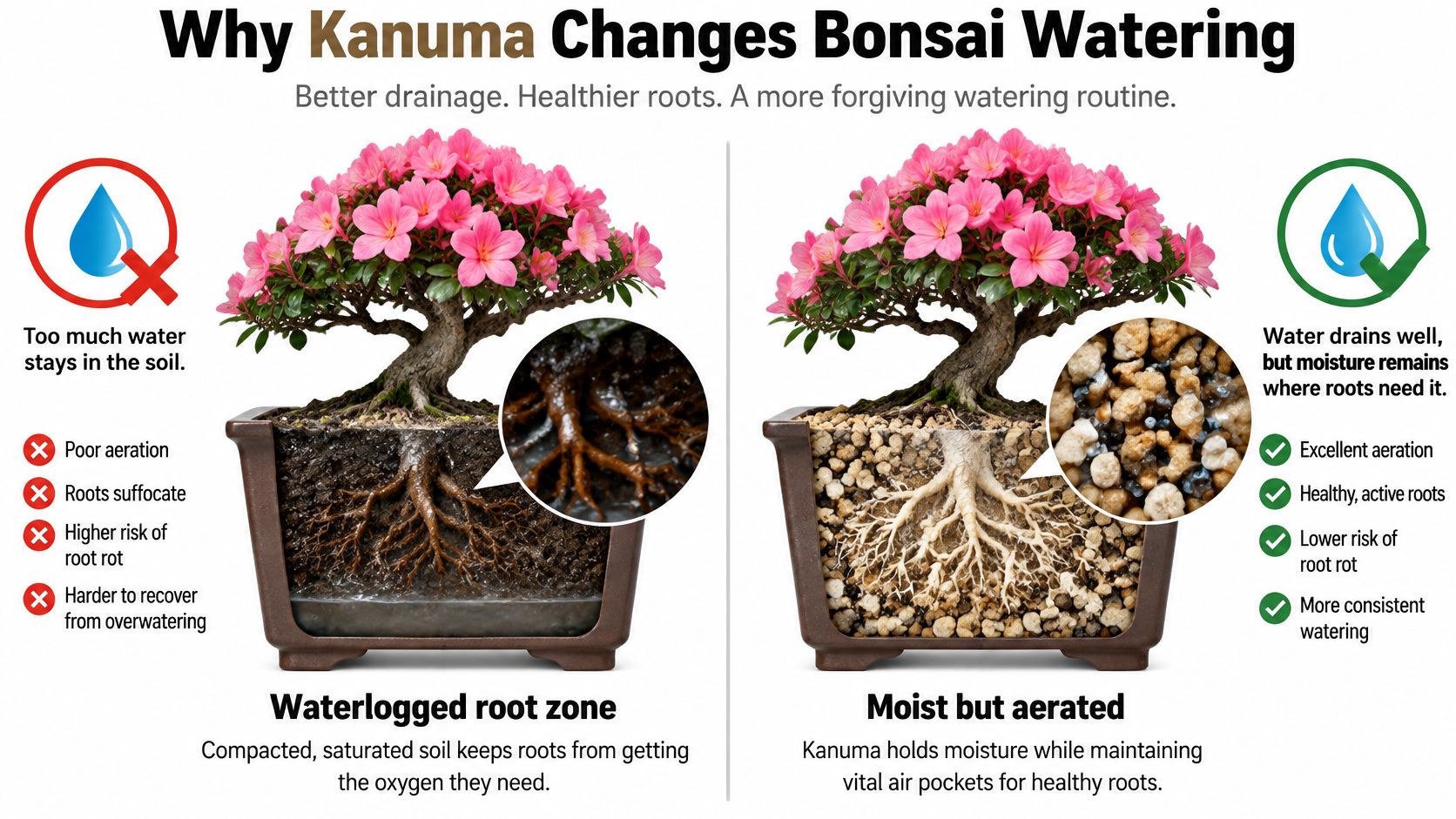 A comparison illustration showing how Kanuma bonsai soil improves drainage and root health versus compacted soil.