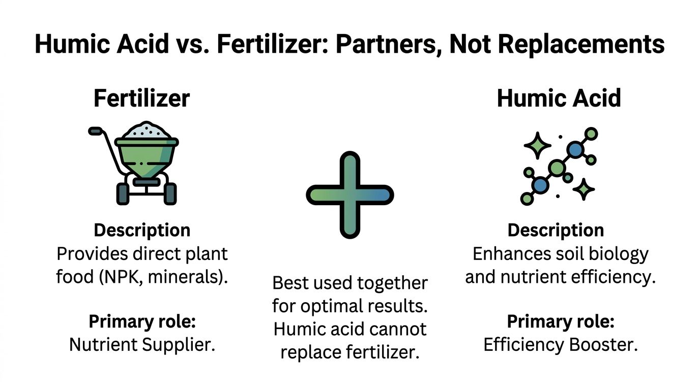 Infographic comparing humic acid and fertilizer, showing they are partners rather than replacements for plant health.