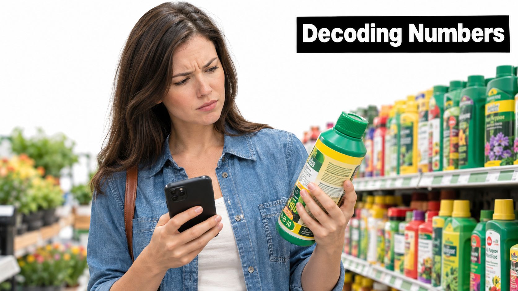 A concerned woman standing in a garden center store holding a bottle of fertilizer and her smartphone.