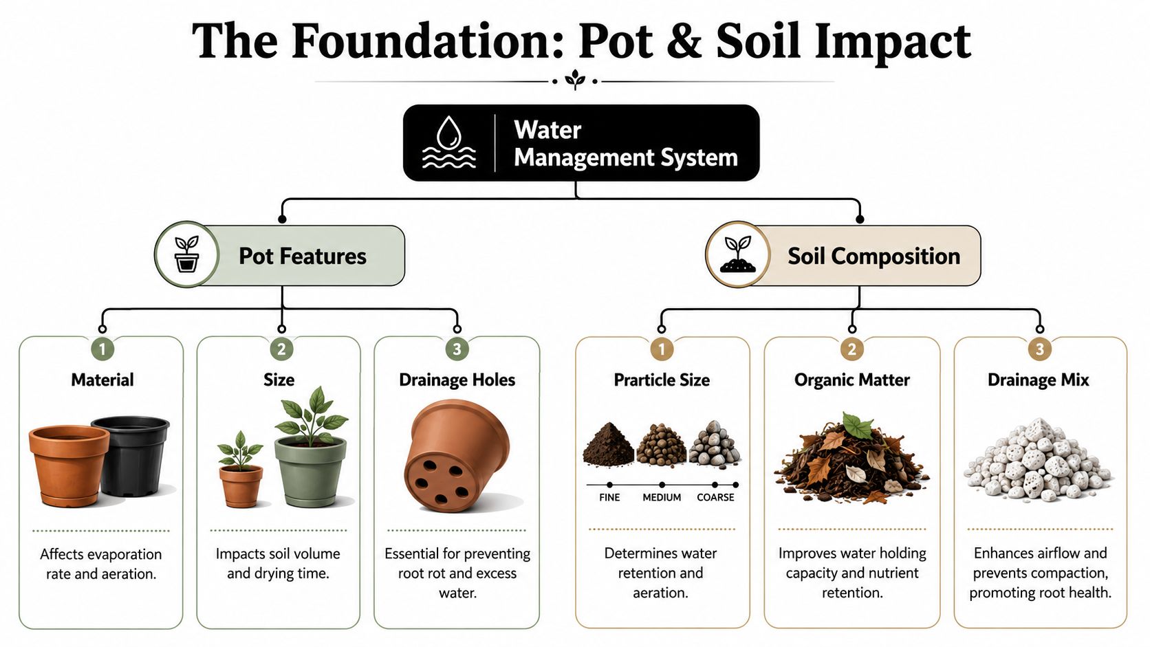 A diagram explaining how pot features and soil composition impact the water management system for indoor plants.