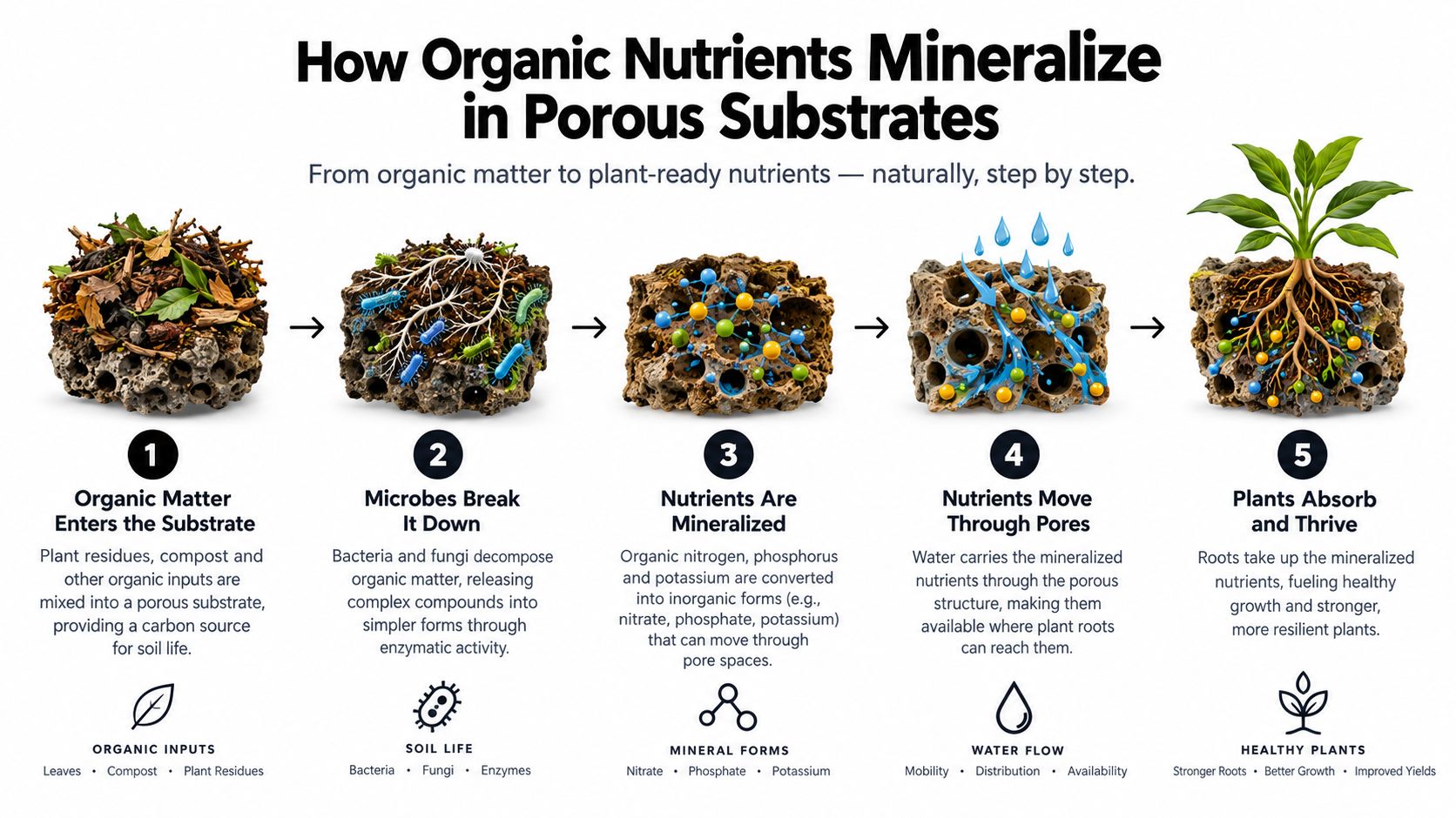A diagram illustrating the five-step process of organic nutrient mineralization in porous soil substrates for plant growth.