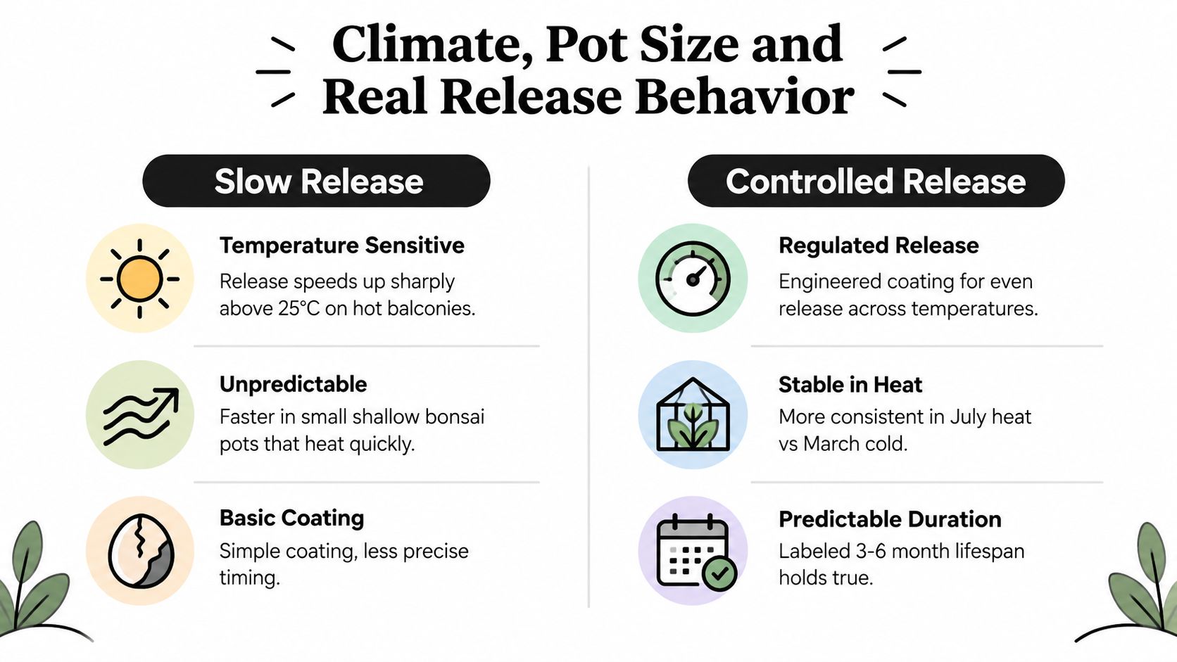 A comparison chart showing how temperature and pot size affect slow release versus controlled release fertilizers.