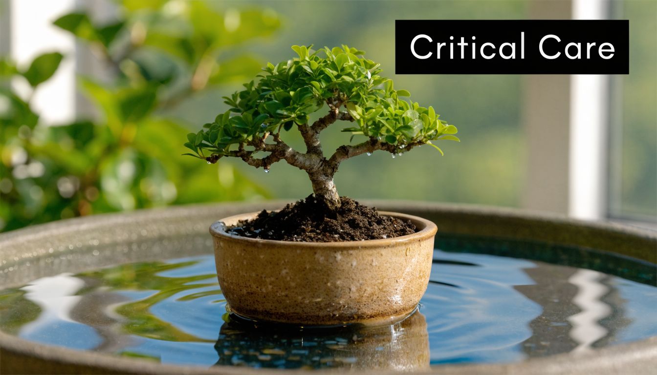 A small green bonsai tree sits in a pot floating inside a larger bowl of water.
