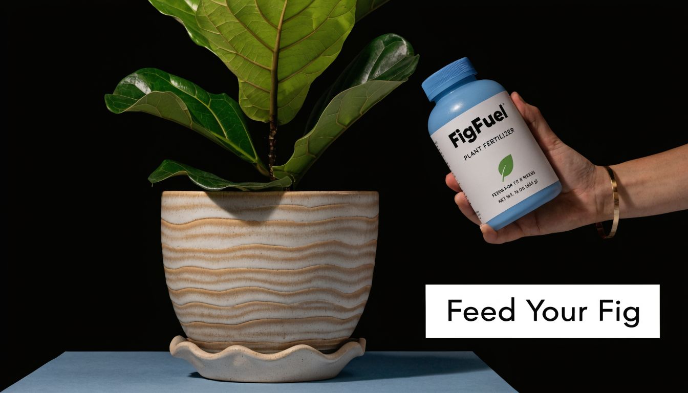 A hand holding a bottle of FigFuel plant fertilizer next to a fiddle leaf fig plant.