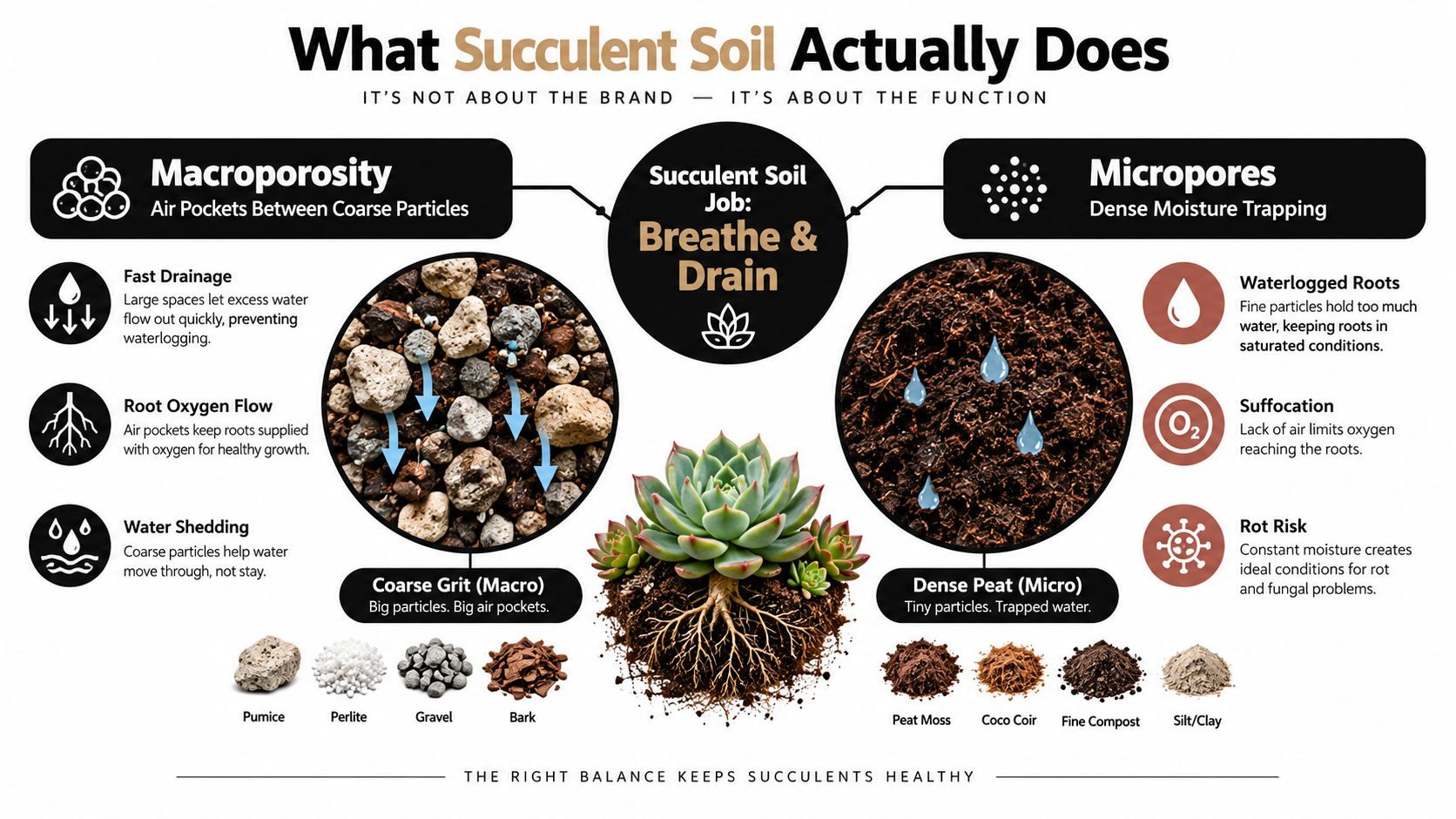 An educational infographic explaining the functional differences between coarse succulent soil and dense peat-based soil.
