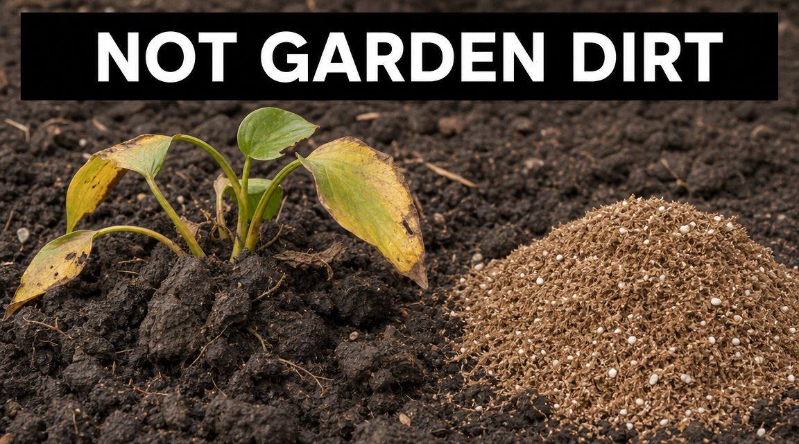 A small plant in dark garden soil next to a pile of brown potting soil mix.