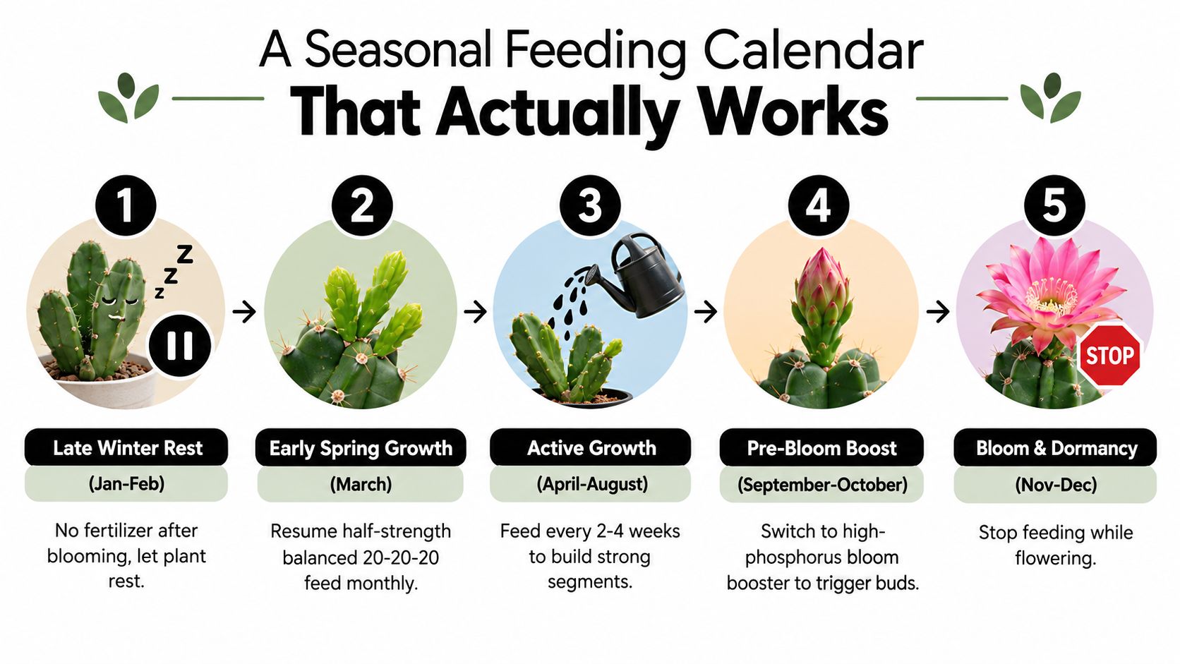 A five-step infographic showing the seasonal feeding calendar for a cactus throughout the entire year.