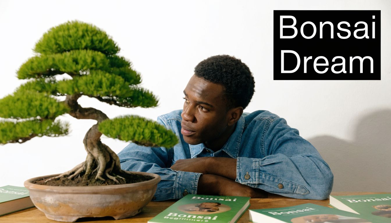 A man in a denim shirt looks intently at a small bonsai tree on a table.