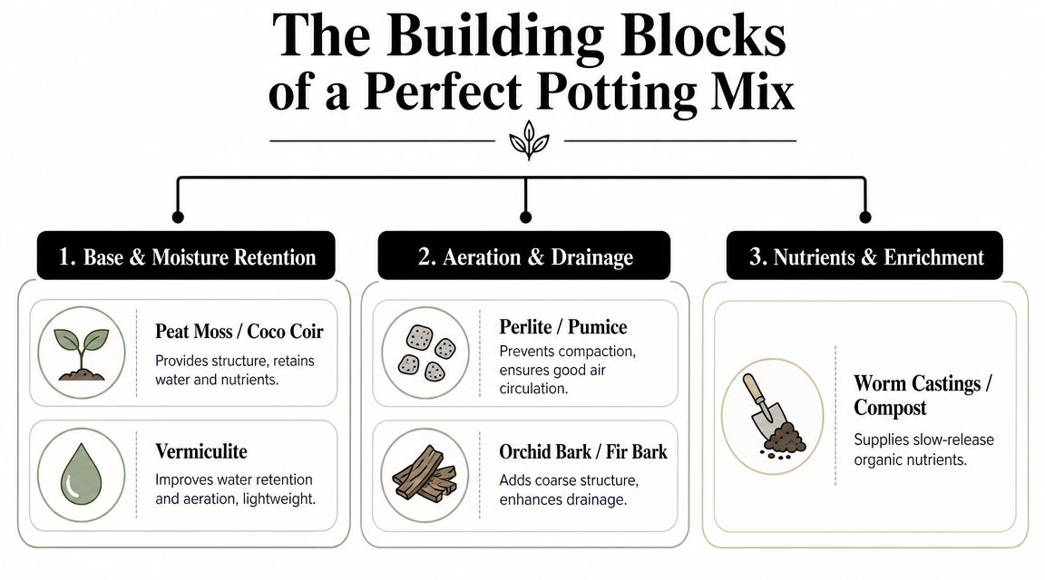 An infographic detailing the essential components for creating the perfect potting mix for houseplants.