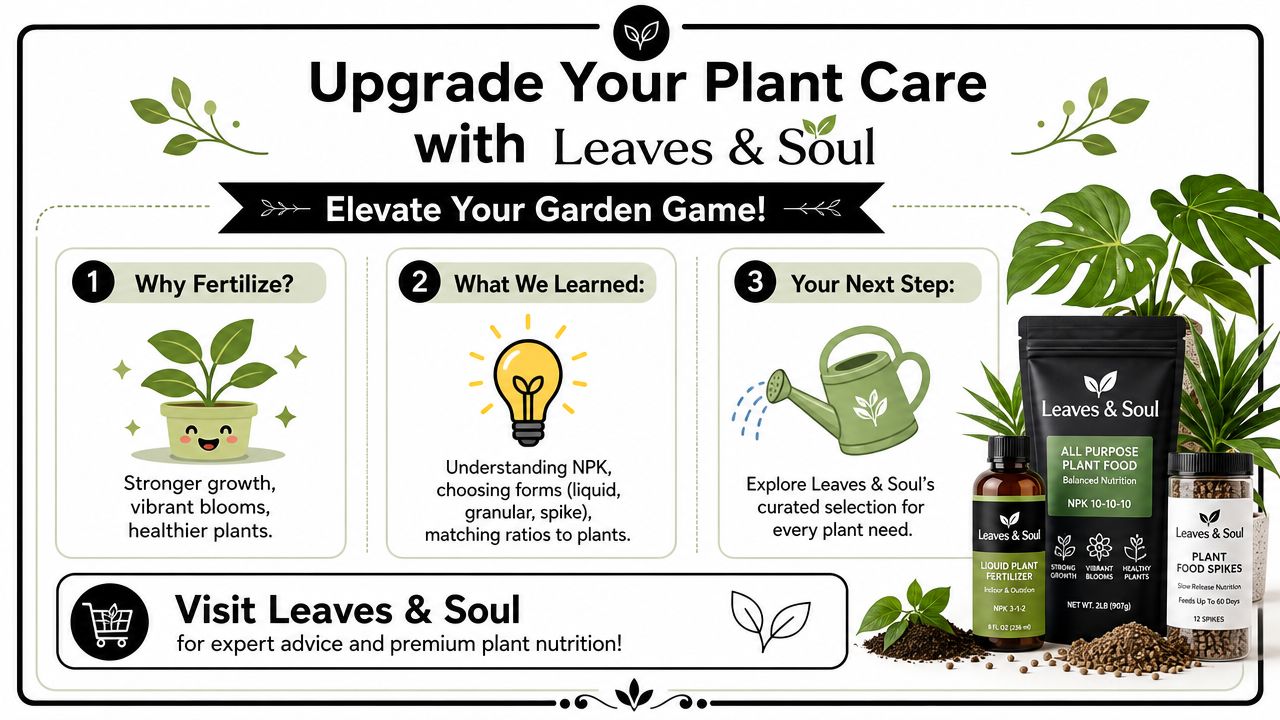 An infographic showing the benefits of using Leaves and Soul plant fertilizer for home garden care.