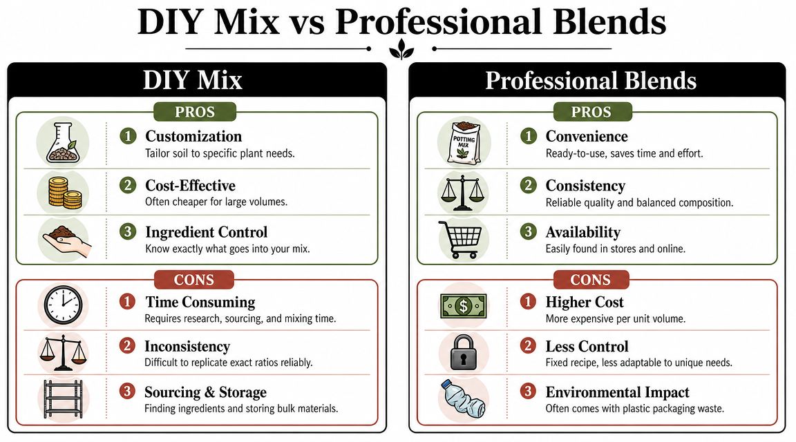 A comparison chart showing the pros and cons of making DIY houseplant soil versus buying professional blends.