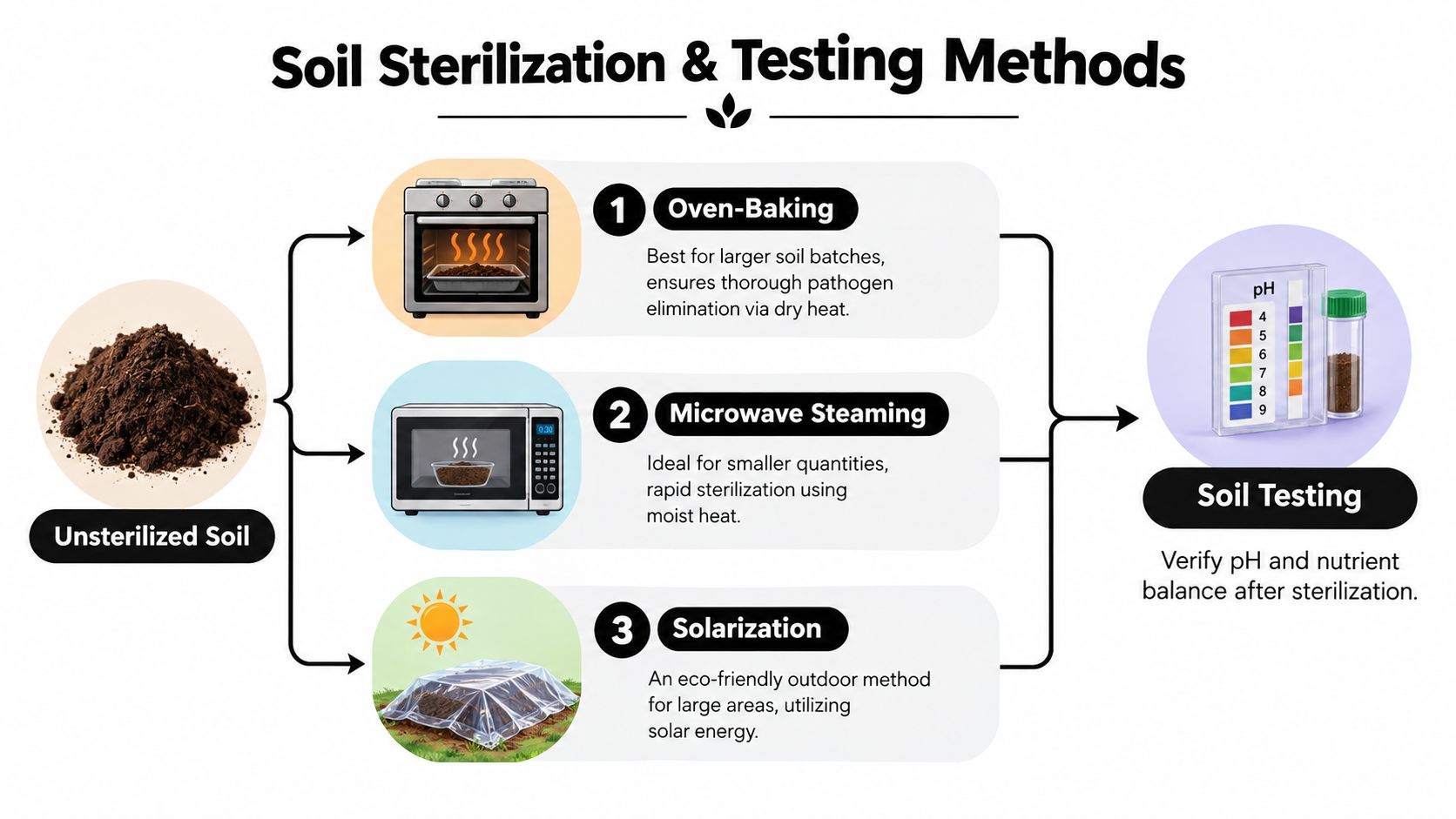 An infographic illustrating three methods to sterilize soil including oven-baking, microwave steaming, and solarization followed by testing.