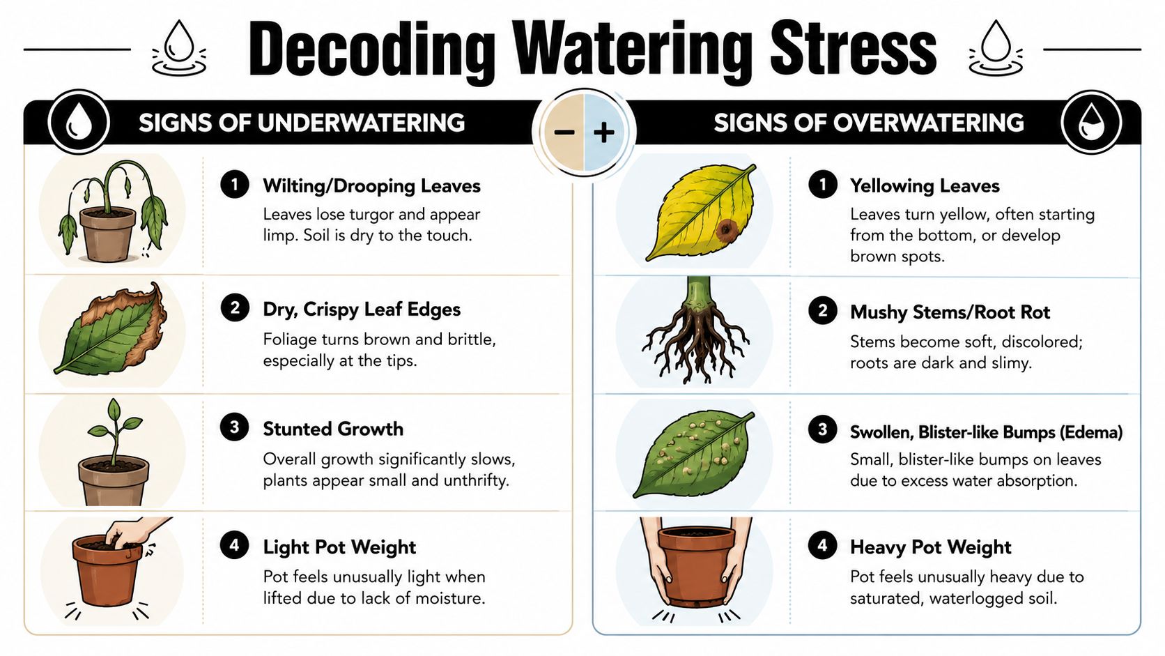 An infographic showing the warning signs of underwatering versus overwatering to help maintain healthy indoor plants.