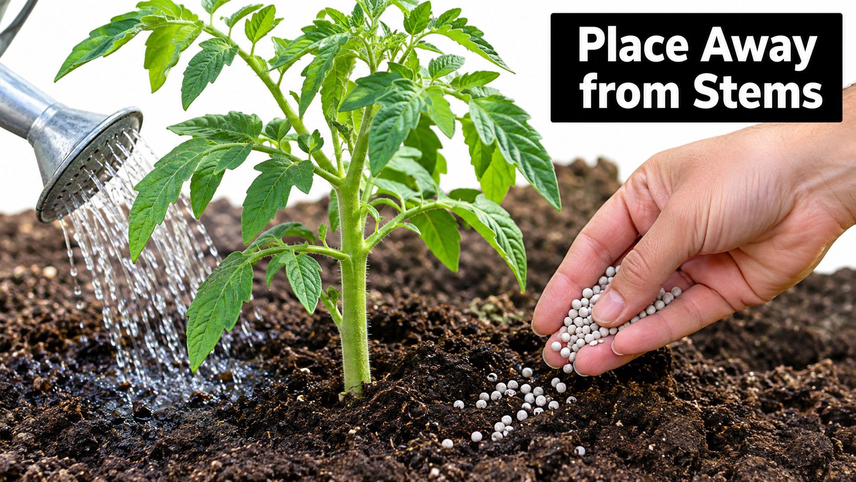 A hand placing granular fertilizer pellets into the soil away from the base of a tomato plant.
