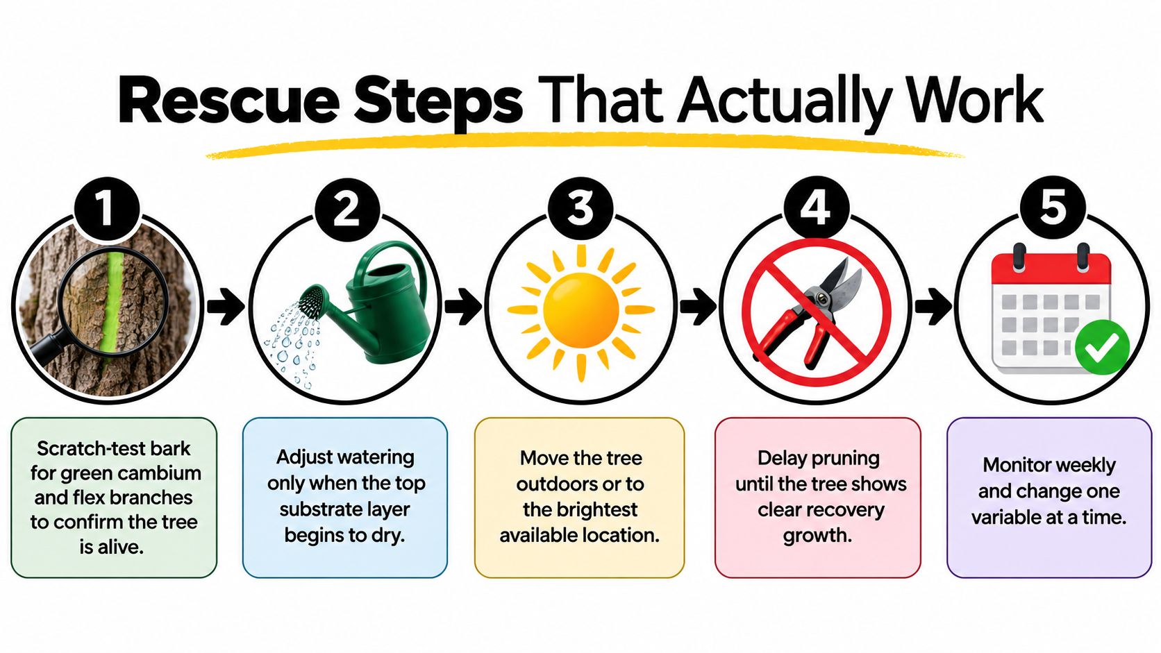 A five-step infographic showing how to rescue a dying bonsai tree, from checking health to monitoring recovery.