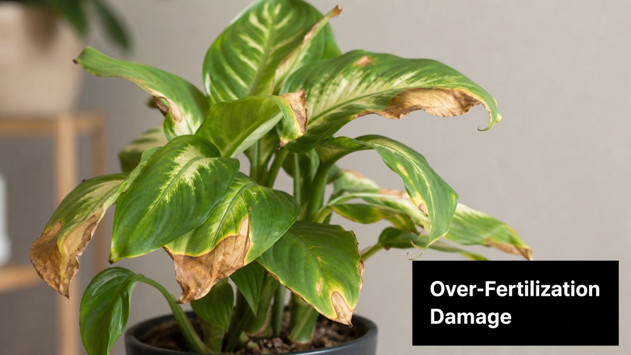 A houseplant showing brown, scorched leaf edges and tips as a sign of over-fertilization damage.