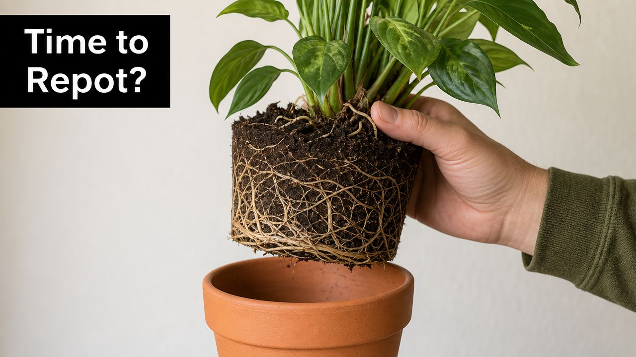 A person holding a root-bound plant removed from its pot to determine if it needs repotting.