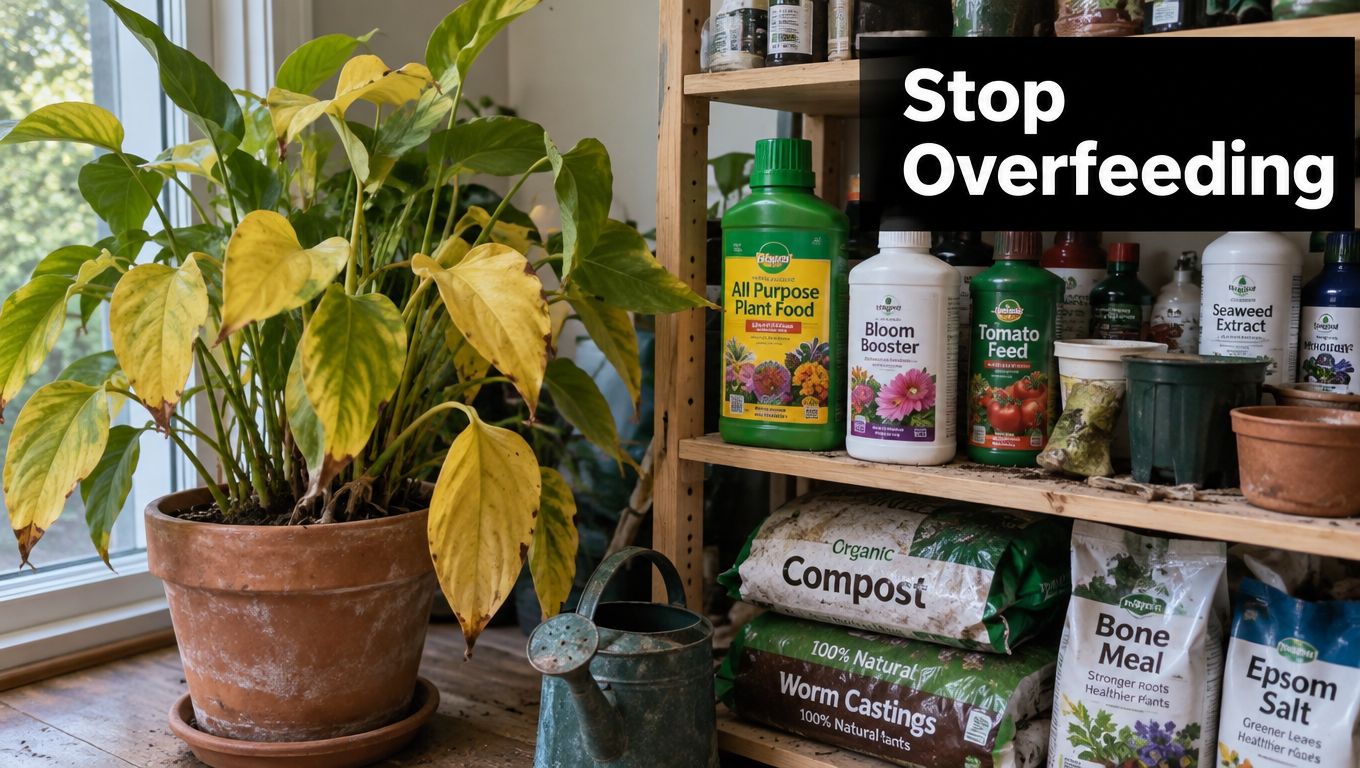 A potted houseplant with yellowing leaves next to gardening fertilizers, compost, and soil amendments on wooden shelves.