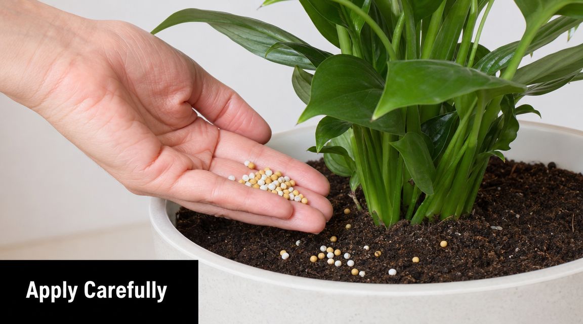 A hand holding small slow release fertilizer pellets above the soil of a potted houseplant.