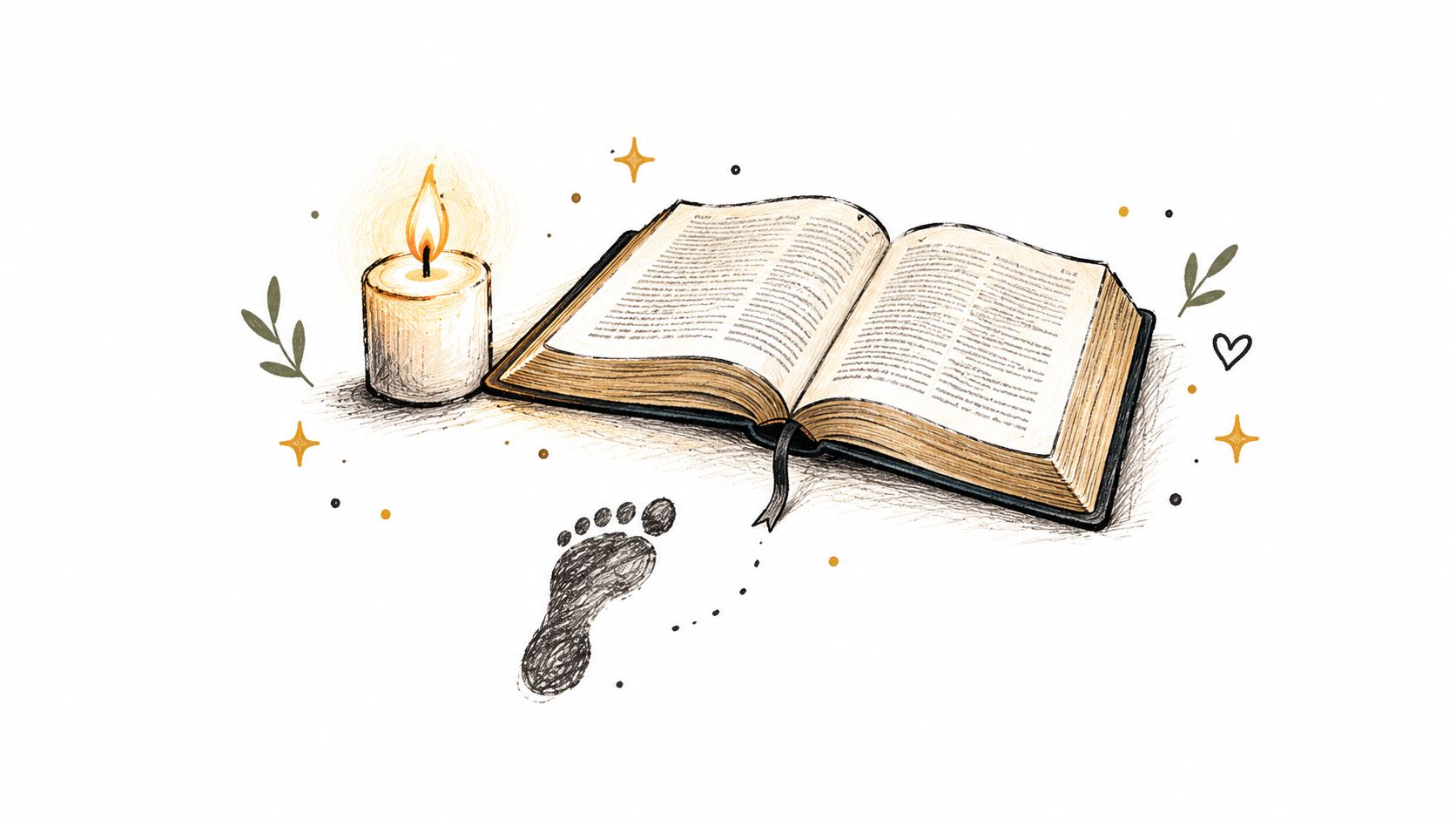 A hand-drawn illustration showing an open book, a burning candle, and a footprint on a white background.