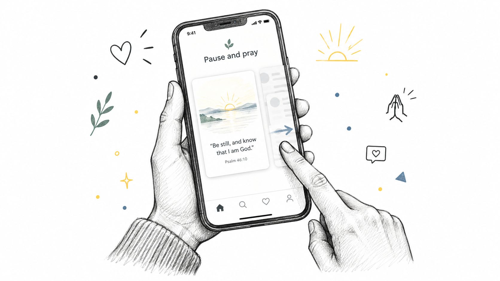 A hand holding a smartphone showing a faith-based prayer app with a peaceful sunrise illustration.