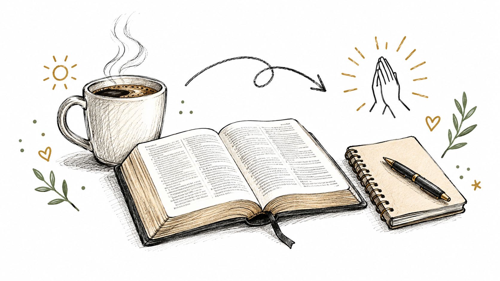 A cozy illustration featuring a steaming mug of coffee, an open Bible, a notebook, and prayer hands.